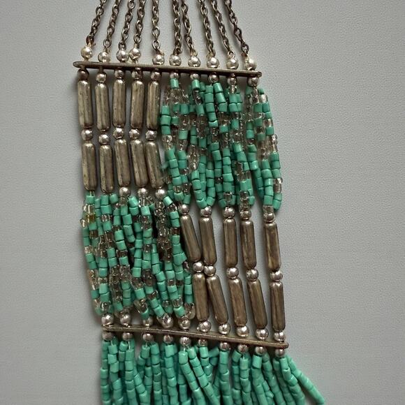 Turquoise Glass Silver Tone Seed Bead Bib Multi Strand Necklace Boho - Picture 7 of 12